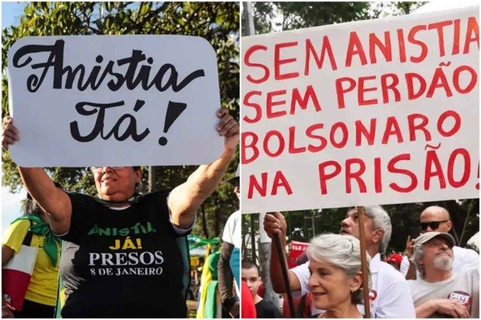 As duas faces da anistia: em manifestações recentes, houve tanto o pedido do perdão a Bolsonaro quanto a manutenção de uma eventual condenação -  (crédito: Joédson Alves e Paulo Pinto/Agência Brasil)
