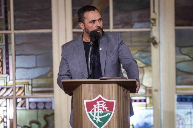 Mário Bittencourt, presidente do Fluminense, durante a reunião sobre  o modelo da LZ Sports -  (crédito: Foto: Marina Garcia/FFC)