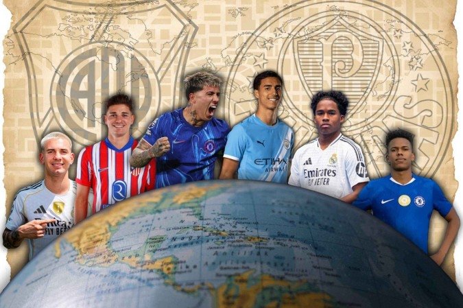 Mastantuono, Julian Álvarez, Enzo Fernández, Vitor Reis, Endrick e Estêvão: importações assinadas por River e Palmeiras - (crédito: Arte com fotos de divulgação) Mastantuono, Julian Álvarez, Enzo Fernández, Vitor Reis, Endrick e Estêvão: importações assinadas por River e Palmeiras - (crédito: Arte com fotos de divulgação)