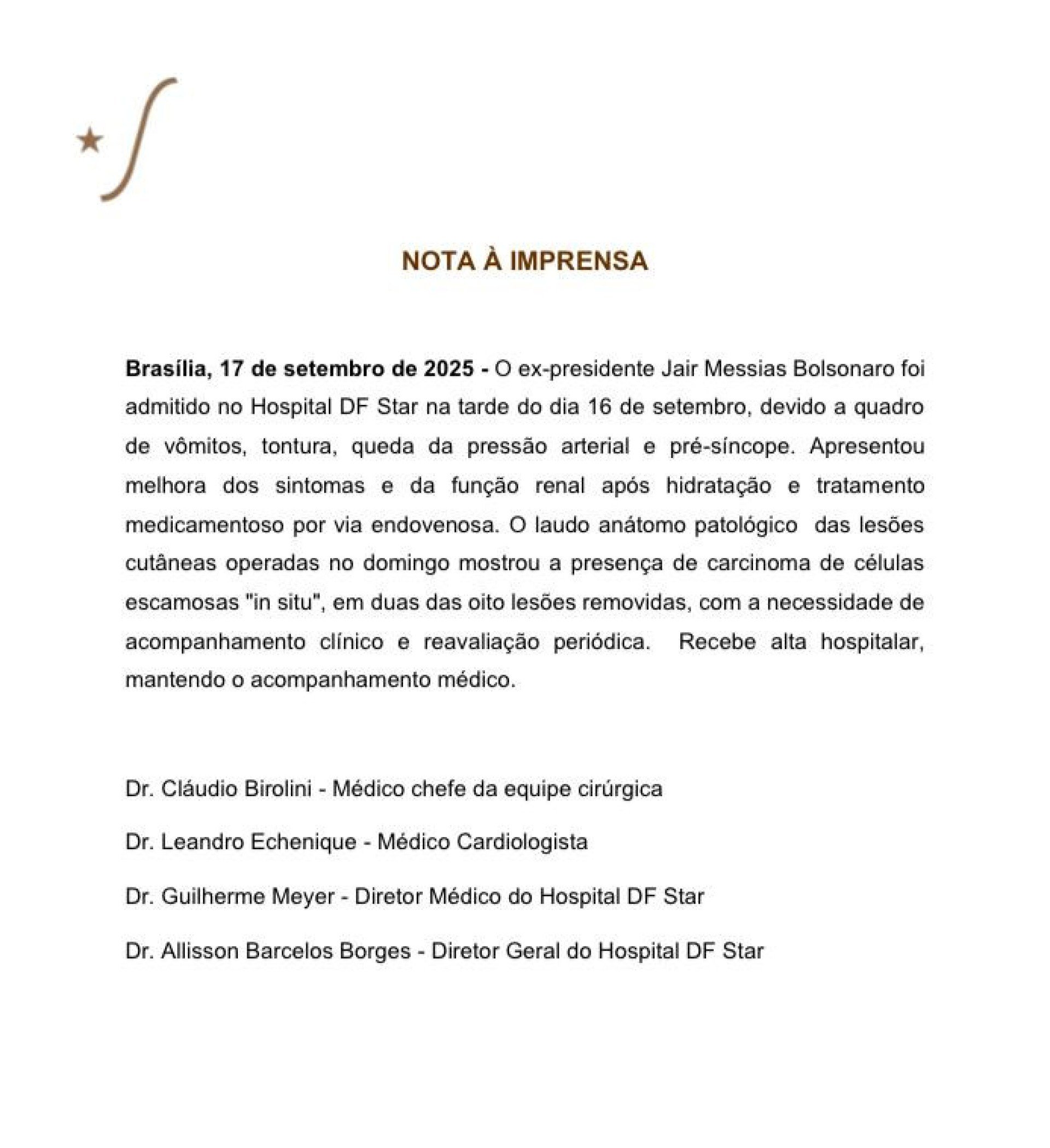 Boletim médico de Jair Bolsonaro emitido no final da manhã desta quarta-feira (17/9) 