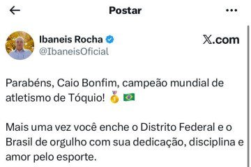 Ibaneis afirma que o atleta é inspiração para jovens da capital - (crédito: Reprodução/ Twitter) Ibaneis afirma que o atleta é inspiração para jovens da capital - (crédito: Reprodução/ Twitter)