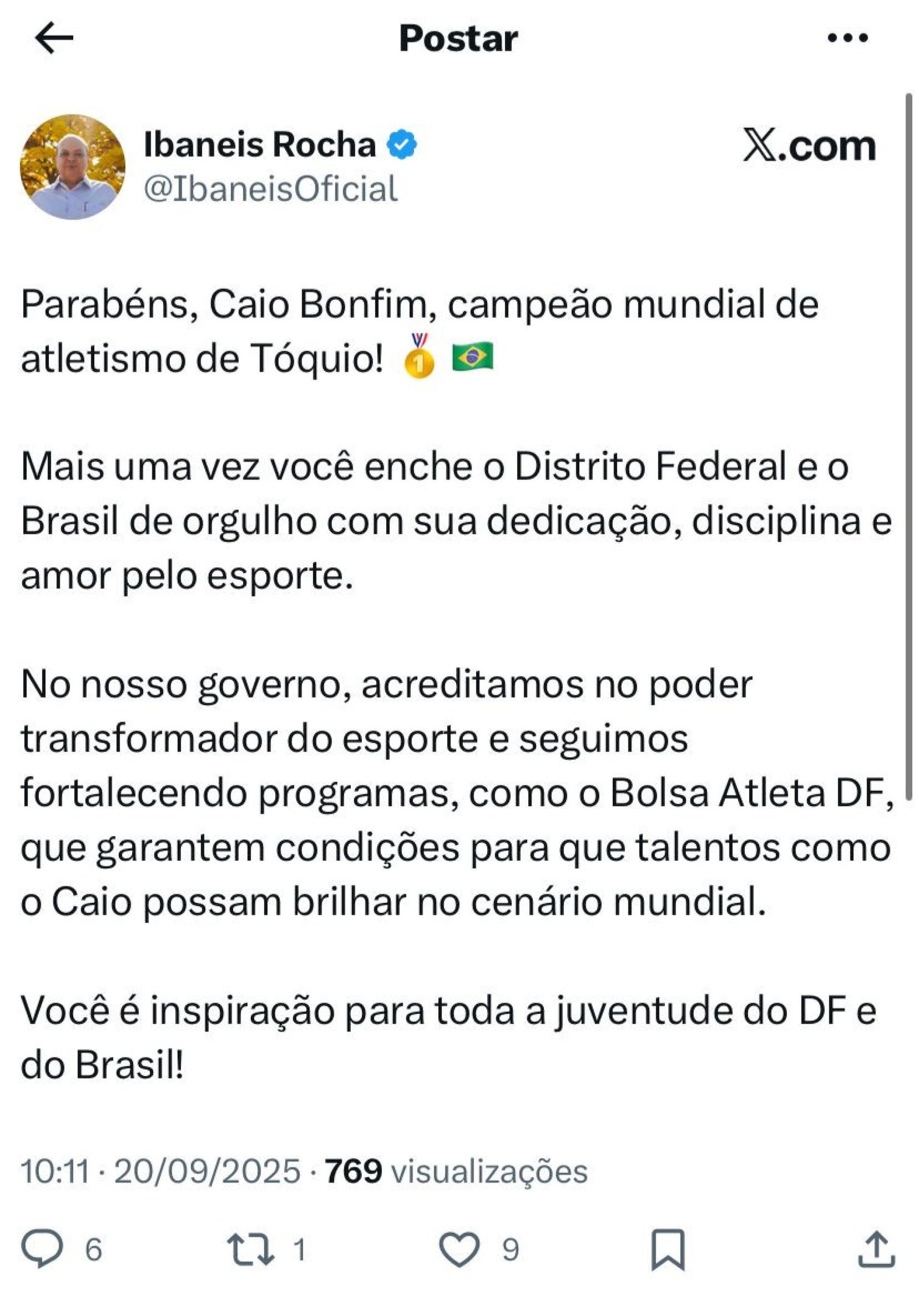 Ibaneis parabeniza Caio Bonfim por medalha de ouro da marcha atlética