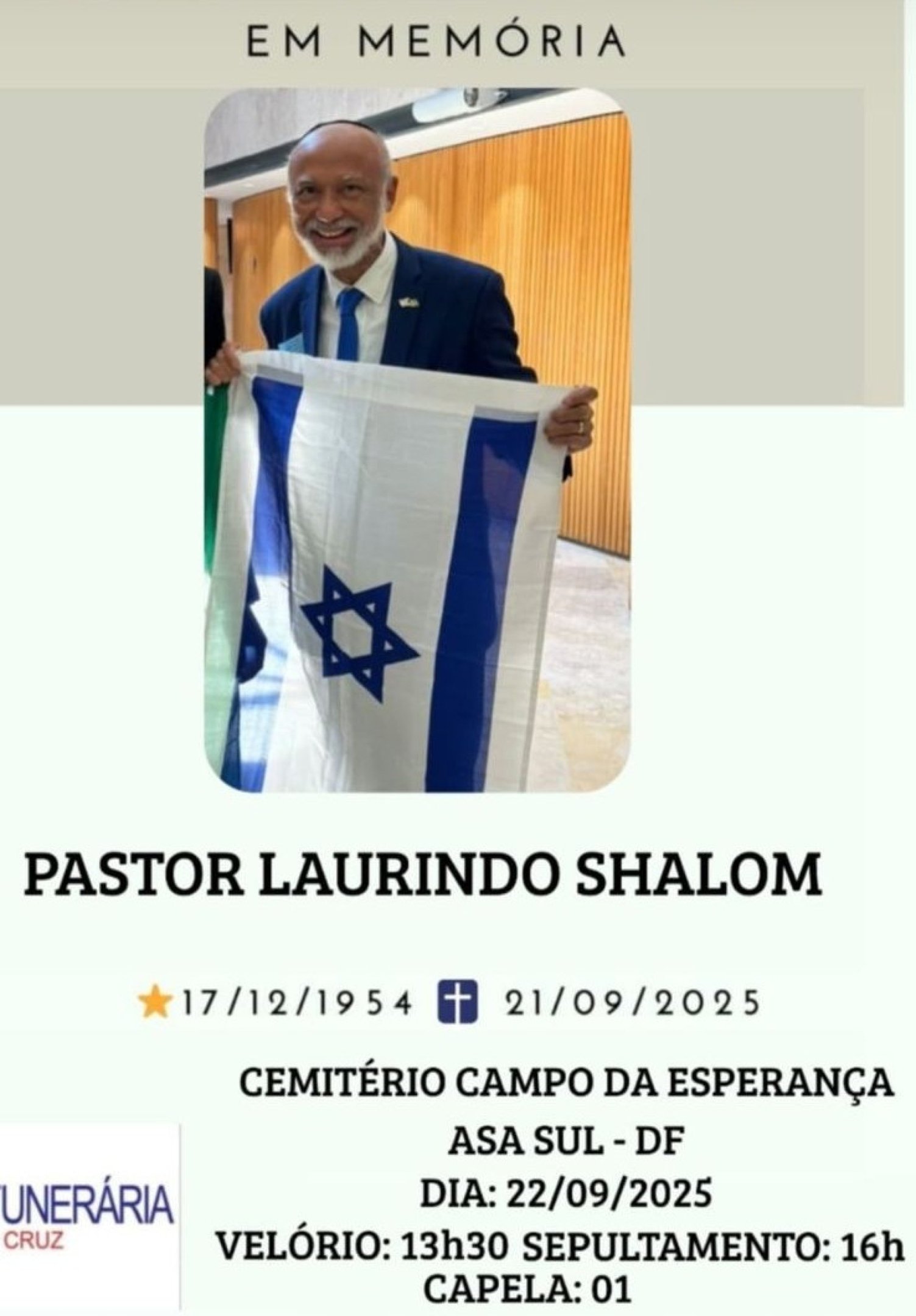 Vel&oacute;rio do pastor Laurindo Shalom, que morreu aos 70 anos, ser&aacute; realizado nesta segunda-feira (22/9) 