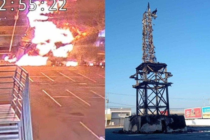 Estátua símbolo da Havan em Petrolina é destruída por incêndio; Polícia Civil investiga o caso e Corpo de Bombeiros controlou as chamas -  (crédito: Havan / Cedido ao Correio)