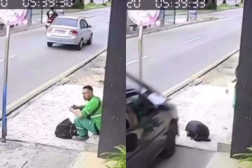 Agente de limpeza quase é atropelado por carro desgovernado em Aracaju; câmeras registraram o momento do susto -  (crédito: Reprodução / X)