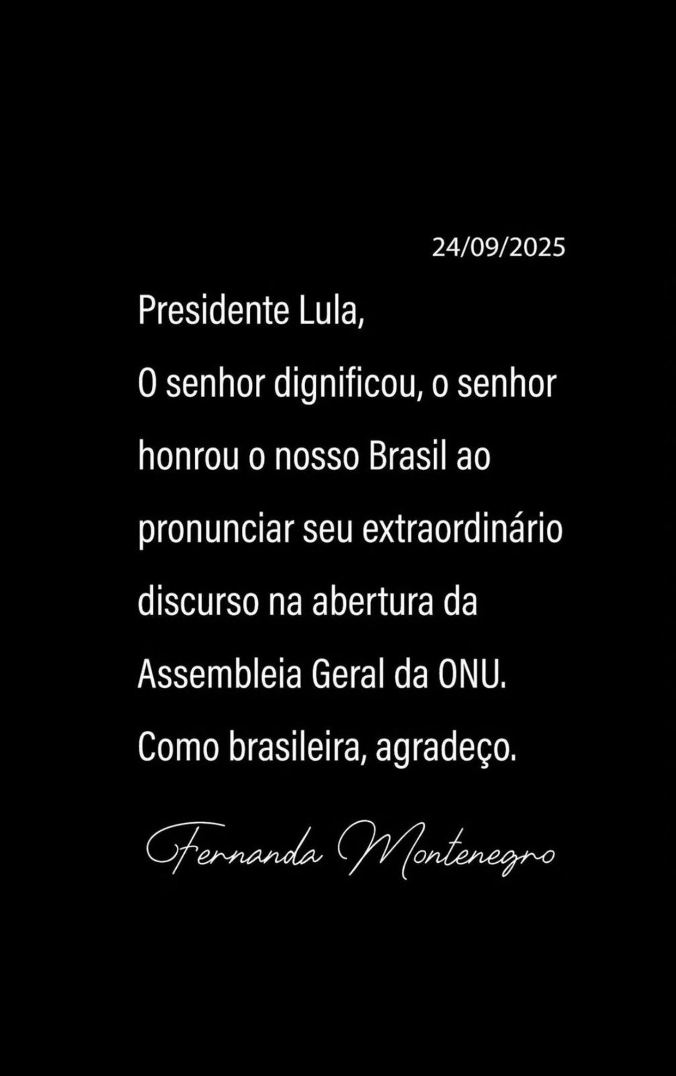 Fernanda publica mensagem endereçada à Lula
