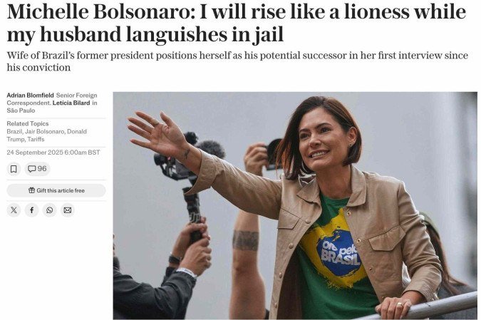 Após condenação de Bolsonaro, Michelle se coloca como candidata e diz a jornal inglês que agirá como 'leoa' para defender conservadores -  (crédito: BBC Geral)