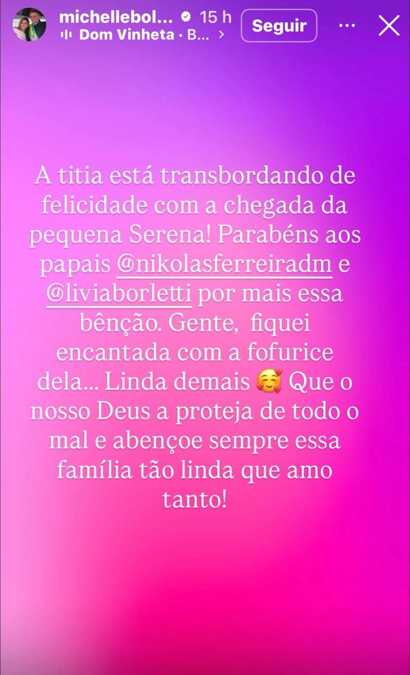 Michele Bolsonaro parabenizou o Deputado Federal Nikola Ferreira e sua esposa no instagram