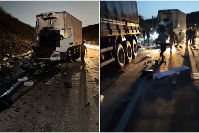 Engavetamento envolvendo três veículos de carga deixou duas pessoas mortas no início da noite desta terça-feira (7) -  (crédito: Redes sociais/Reprodução)