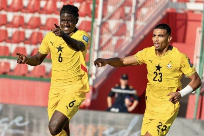 Salisu celebra o seu gol, o primeiro gol de Gana na goleada sobre a República Centro-Africana -  (crédito: Foto: Divulgação / Black Stars)
