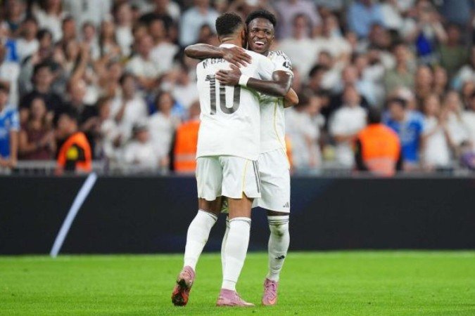 Mbappé e Vini Jr comemoram gol marcado em vitória do Real Madrid na LaLiga - (crédito: Foto: Angel Martinez/Getty Images) Mbappé e Vini Jr comemoram gol marcado em vitória do Real Madrid na LaLiga - (crédito: Foto: Angel Martinez/Getty Images)