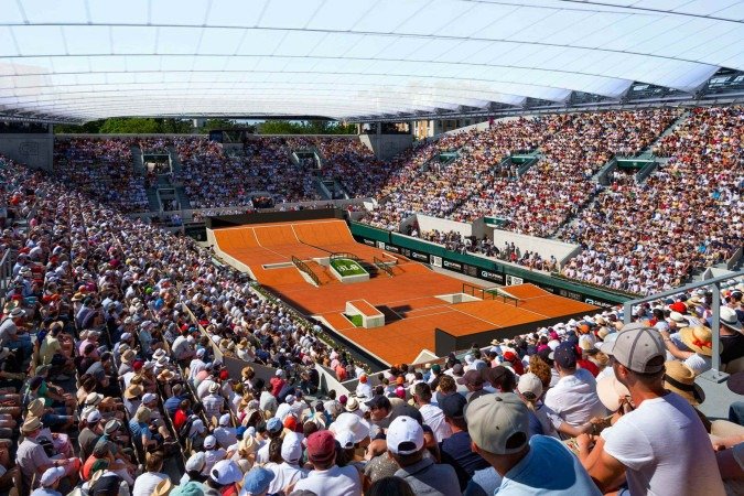 A projeção da Street League Skateboarding (SLS) de como ficará a pista da Arena de Roland Garros com lotação máxima para o evento com as principais estrelas da modalidade  -  (crédito: SLS/Divulgação)