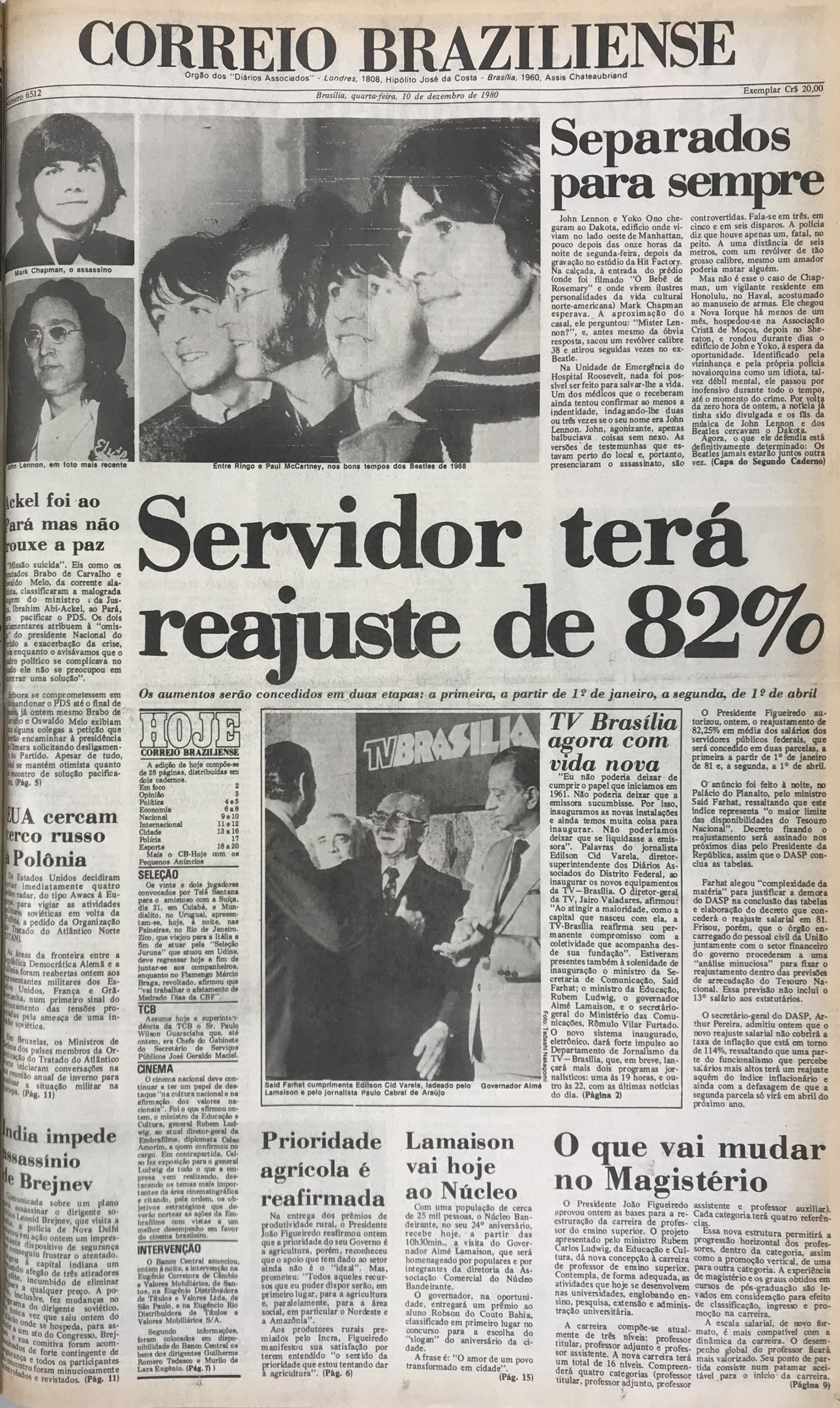  Crédito: Correio Braziliense/Reprodução. Brasil. Brasília - DF. Capa do Correio Braziliense do dia 10 de dezembro de 1980 com notícia da morte de John Lennon.                Caption 