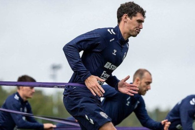 Jogadores da Dinamarca durante treinamento da seleção -  (crédito: Foto: Divulgação)