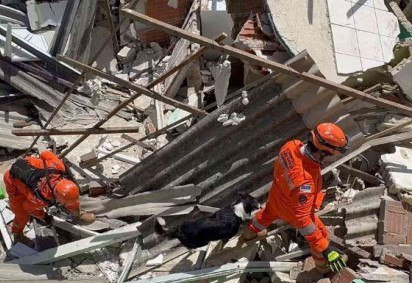 Bombeiros e cão farejador buscam vítimas sob escombros -  (crédito: SDS/Divulgação)