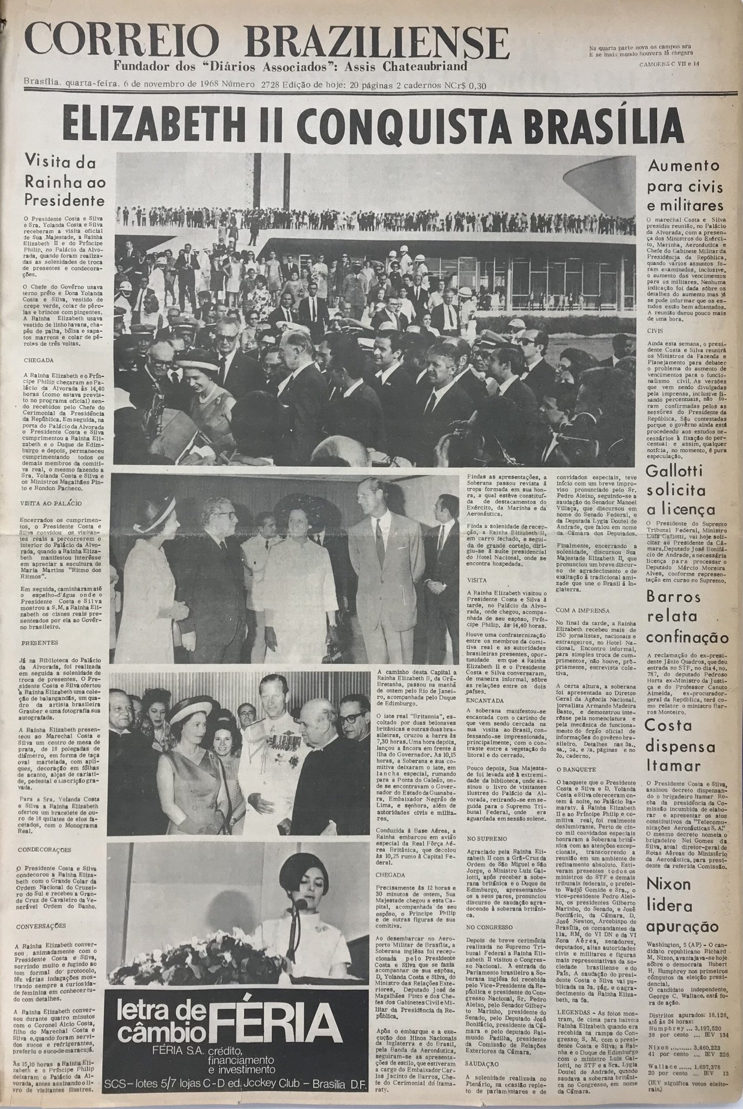 Rainha Elizabeth II e pr&iacute;ncipe Philip  visitam Bras&iacute;lia em 1968