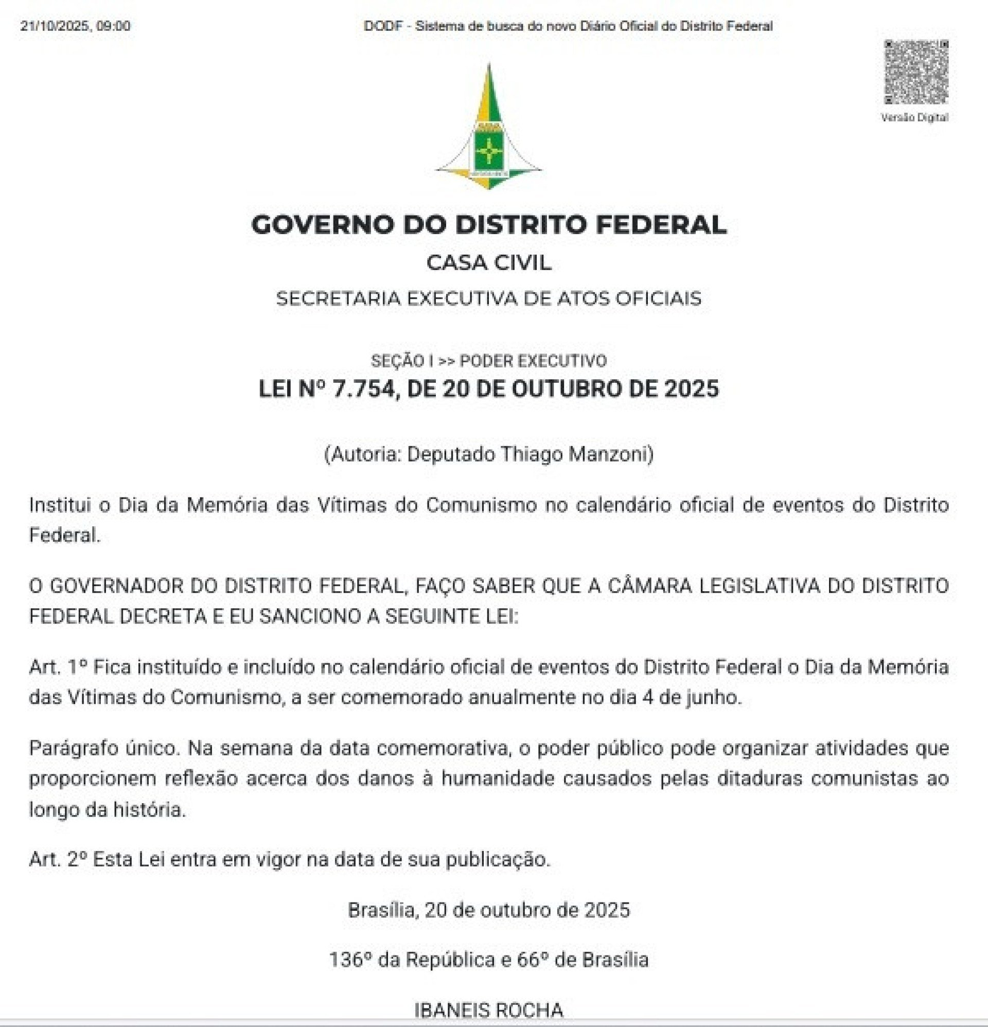 Ibaneis sanciona lei que cria Dia da Memória das Vítimas do Comunismo no DF 
