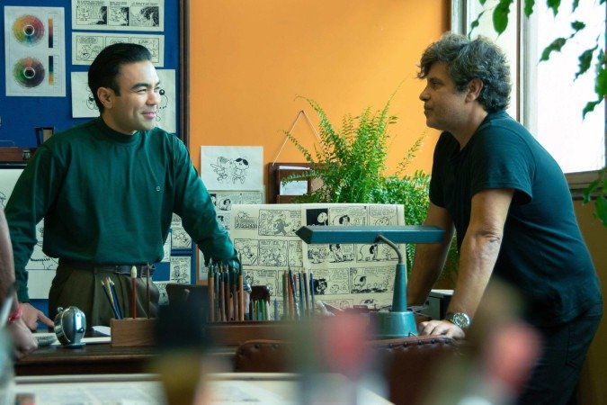 Mauro Sousa e Pedro Vasconcelos nos bastidores de Mauricio de Sousa - O filme - (crédito: Vantoen Pereira Jr.) Mauro Sousa e Pedro Vasconcelos nos bastidores de Mauricio de Sousa - O filme - (crédito: Vantoen Pereira Jr.)