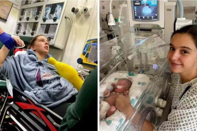 Megan Isherwood enquanto dava à luz e com o bebê, à direita - (crédito: Reprodução) Megan Isherwood enquanto dava à luz e com o bebê, à direita - (crédito: Reprodução)