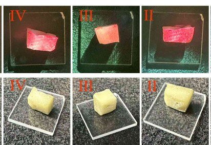 Acima: o laser aleatório baseado em biomaterial sob excitação a laser; abaixo: o laser aleatório baseado em biomaterial sob iluminação da luz do dia -  (crédito: Zhihao Huang) -Acima: o laser aleatório baseado em biomaterial sob excitação a laser; abaixo: o laser aleatório baseado em biomaterial sob iluminação da luz do dia -  (crédito: Zhihao Huang)