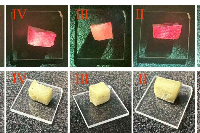 Acima: o laser aleatório baseado em biomaterial sob excitação a laser; abaixo: o laser aleatório baseado em biomaterial sob iluminação da luz do dia -  (crédito: Zhihao Huang)