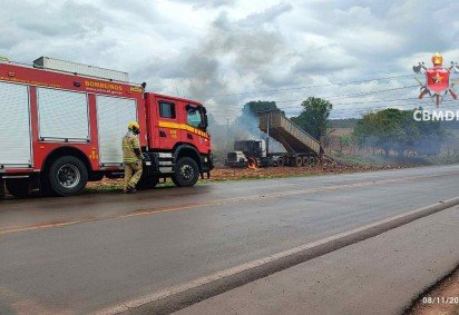 Caminhão pega fogo após descarga elétrica de fiação atingir o veículo
 -  (crédito: CBMDF/Divulgação) -Caminhão pega fogo após descarga elétrica de fiação atingir o veículo
 -  (crédito: CBMDF/Divulgação)