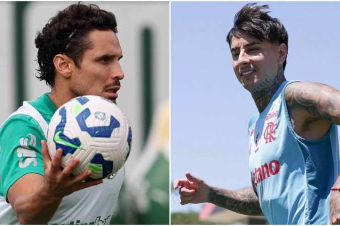 Veiga e Pulgar devem começar as partidas de Palmeiras e Flamengo neste sábado (14/11) - (crédito: Cesar Greco/Palmeiras e Gilvan de Souza/Flamengo) Veiga e Pulgar devem começar as partidas de Palmeiras e Flamengo neste sábado (14/11) - (crédito: Cesar Greco/Palmeiras e Gilvan de Souza/Flamengo)