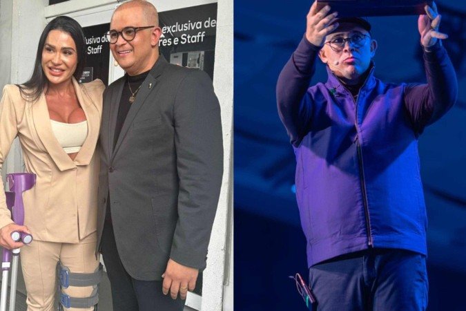 De muletas, Gracyanne Barbosa prestigia Bruno Avelar no evento 