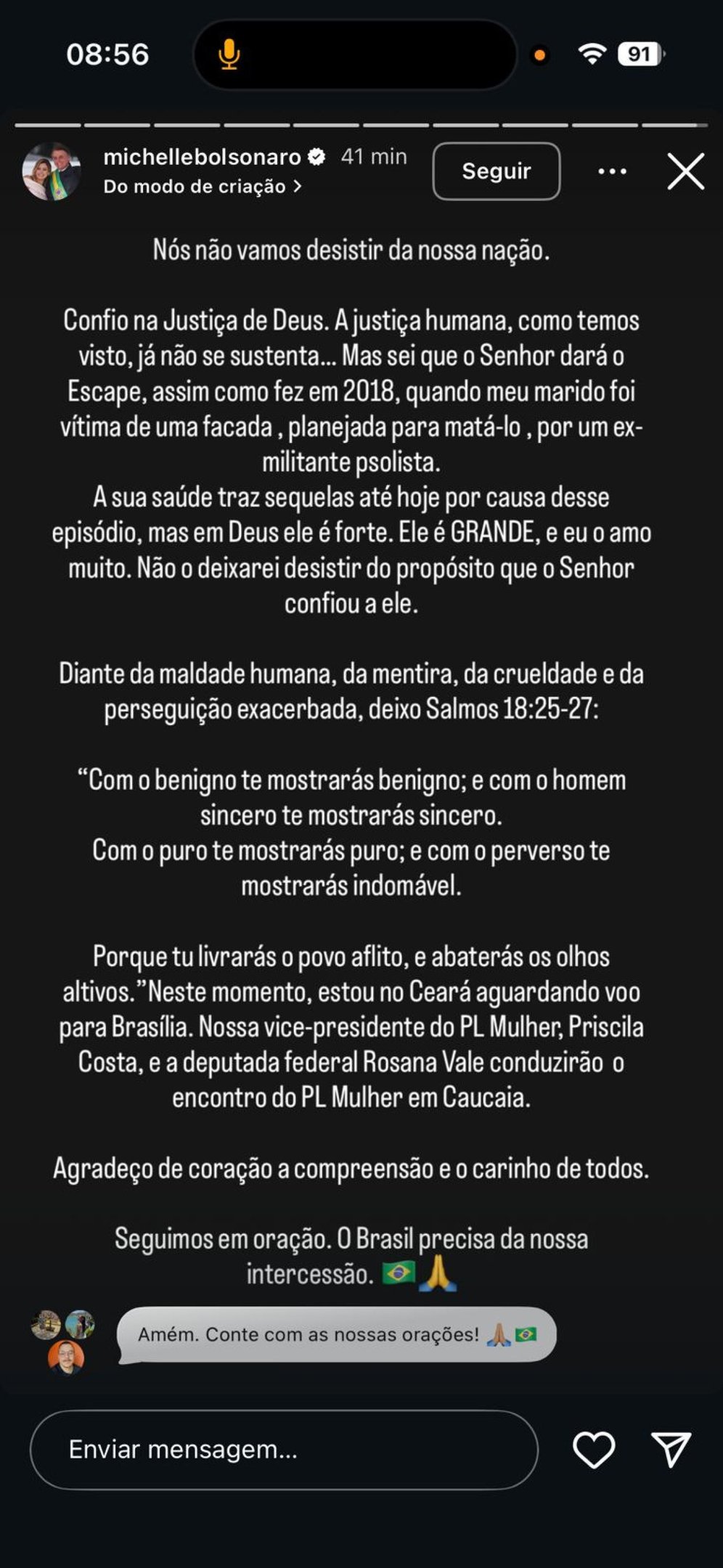 Mensagem publicada por Michelle nas redes sociais