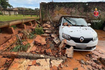Muro caiu sobre carro No Parque de Exposição Bela Vista - (crédito: Divulgação/CBMDF) Muro caiu sobre carro No Parque de Exposição Bela Vista - (crédito: Divulgação/CBMDF)