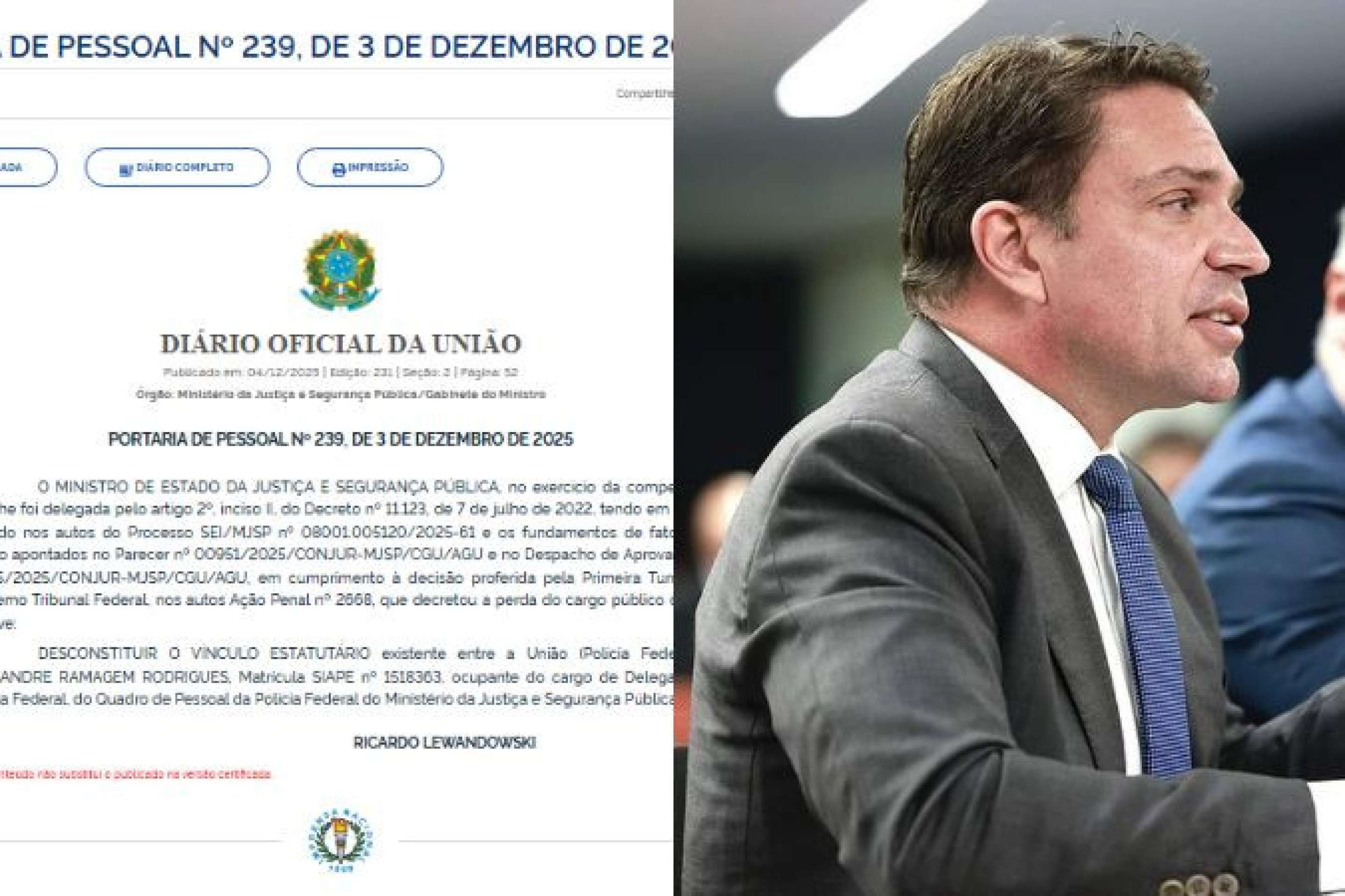 Demissão de Alexandre Ramagem da PF é publicada no Diário Oficial da União