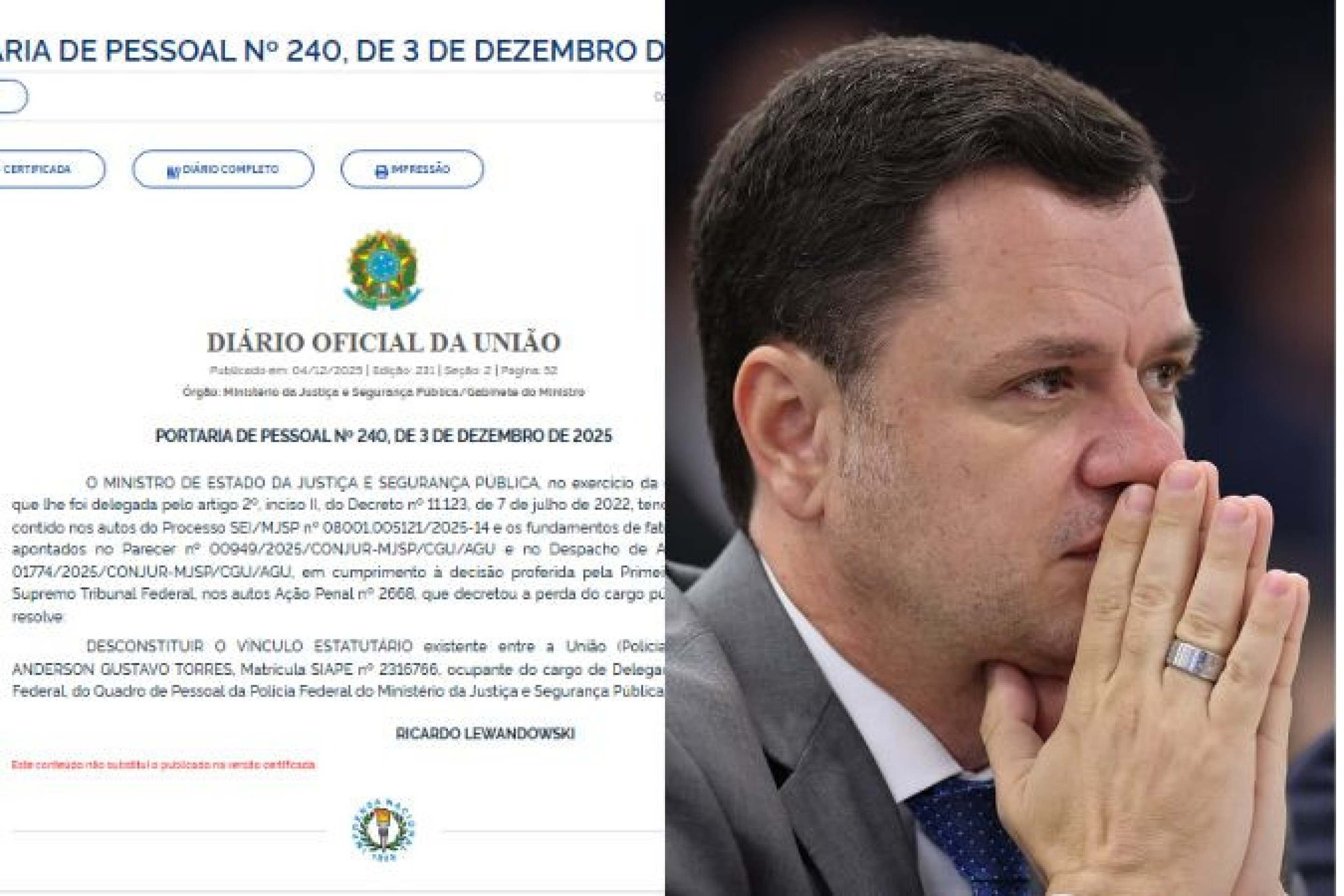 Demissão de Anderson Torres da PF é publicada no Diário Oficial da União