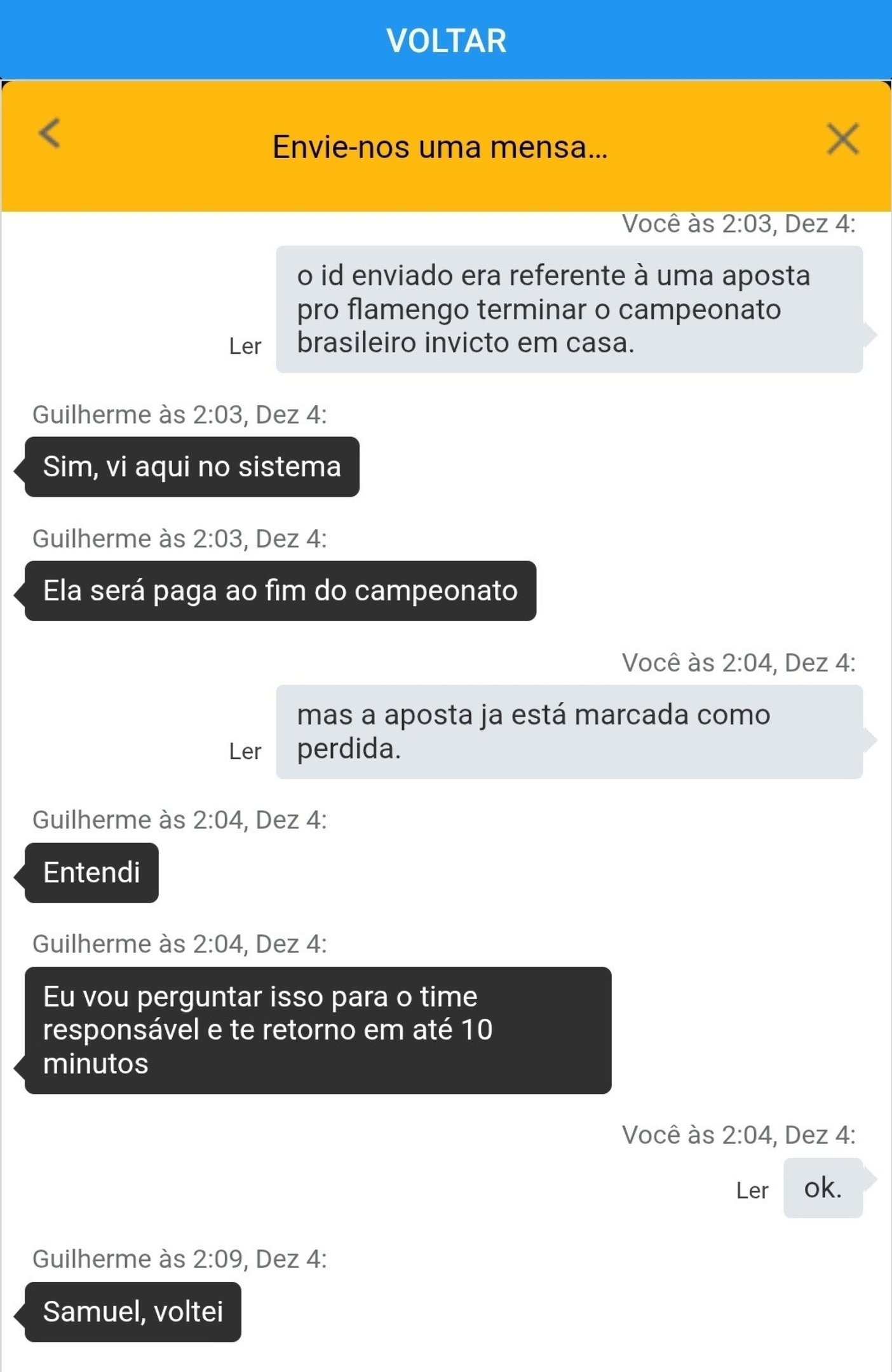 Prints que circularam nas redes de conversa entre usuário e atendente 