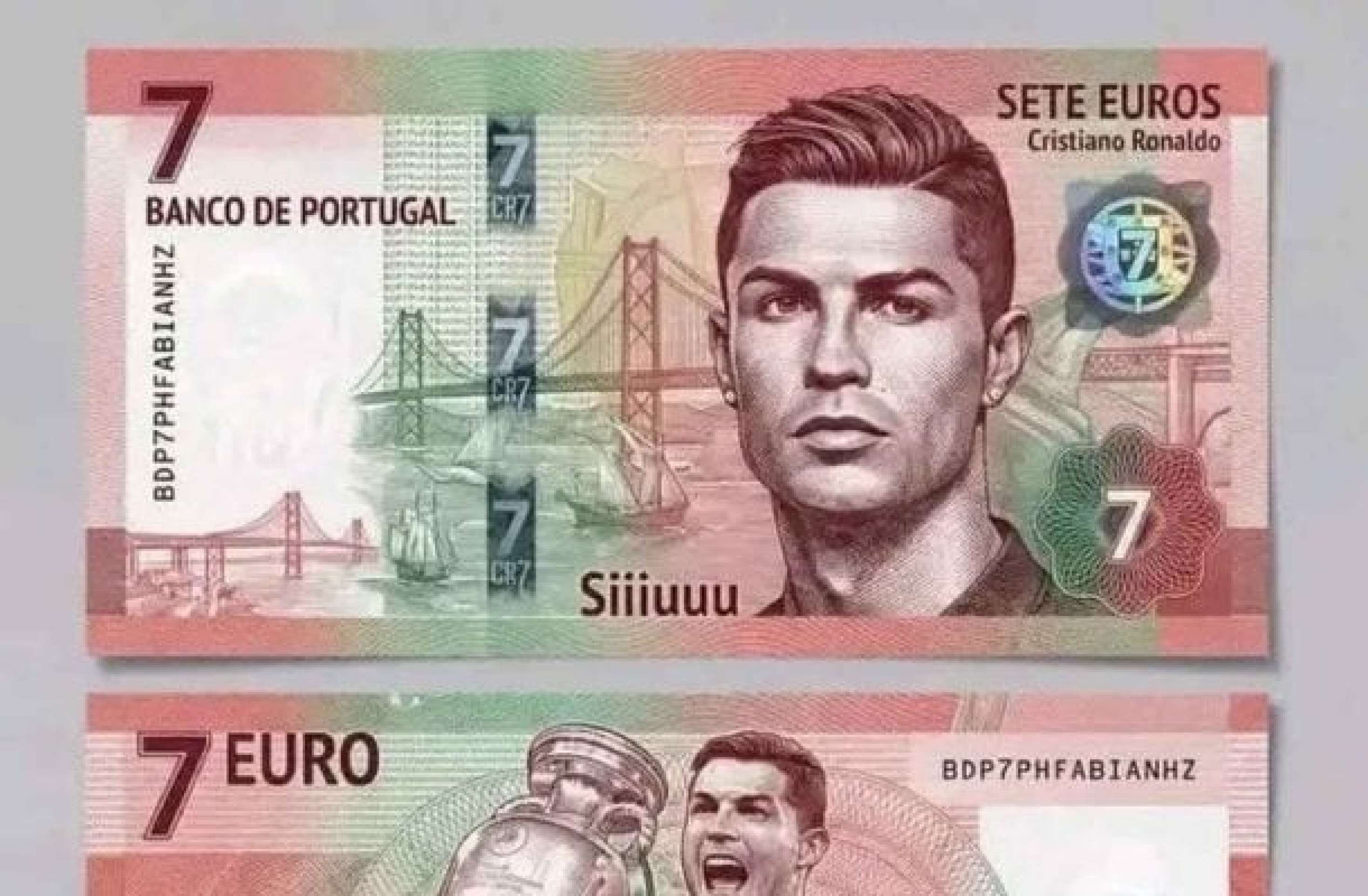 Nota falsa de 7 euros com a efígie de Cristiano Ronaldo circula nas redes sociais -  (crédito: - Reprodução de Vídeo) -Nota falsa de 7 euros com a efígie de Cristiano Ronaldo circula nas redes sociais -  (crédito: - Reprodução de Vídeo)