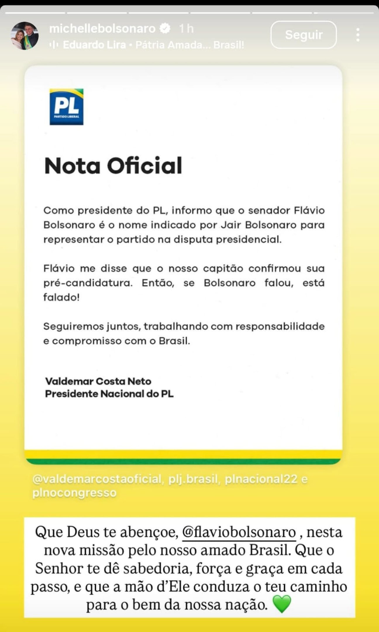 MIchelle Bolsonaro parabeniza Flávio pela candidatura