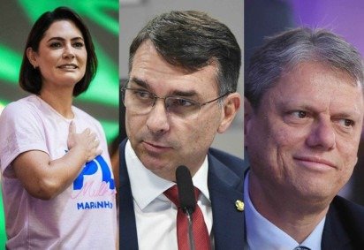 Michelle, Flávio Bolsonaro e Tarcísio de Freitas -  (crédito: Reprodução)