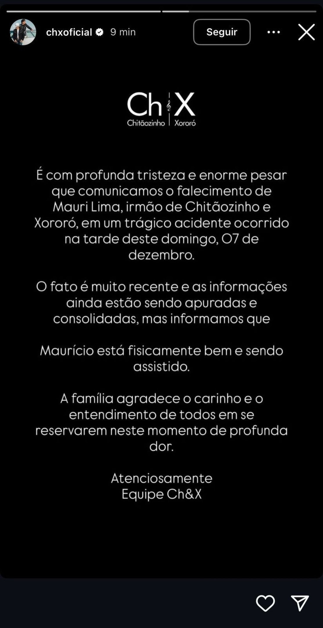 Assessoria confirma falecimento de Mauri em nota nas redes sociais