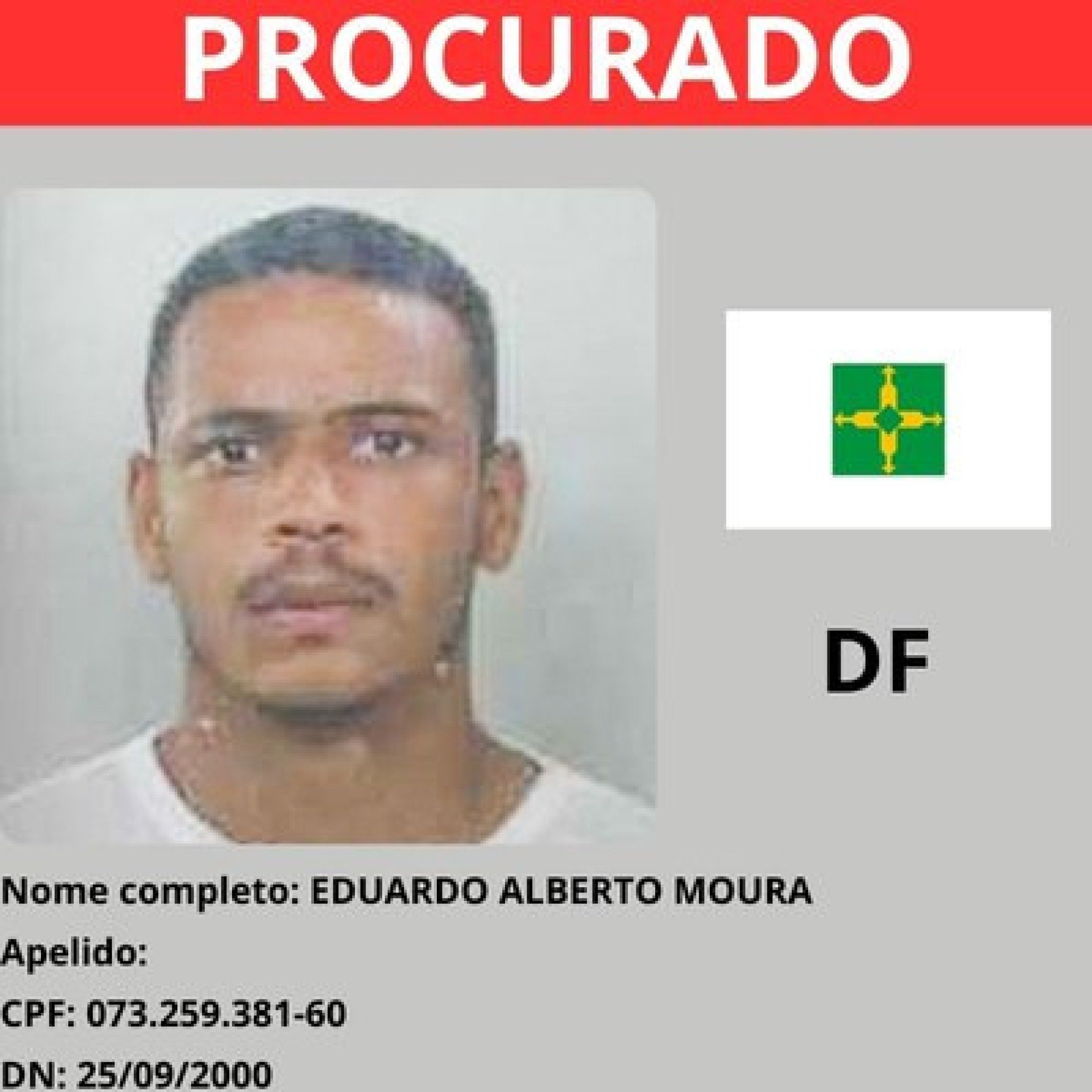 Eduardo Alberto Moura (25 anos) — lista dos foragidos mais procurados do país