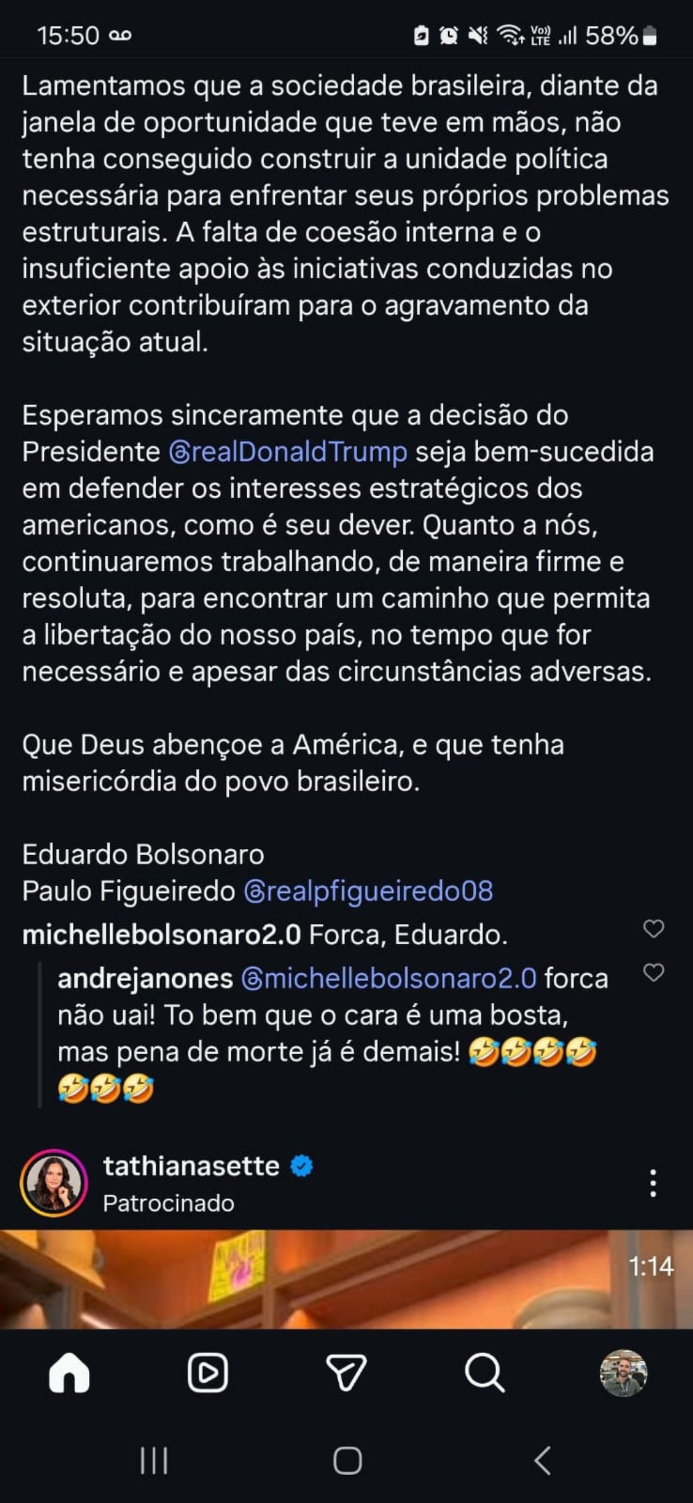 Michele comete gafe em post de Eduardo Bolsonaro
