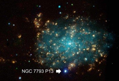A imagem combina dados de observações em raios X, ópticas e da linha H?. NGC 7793 P13 está localizada longe do centro galáctico de NGC 7793 -  (crédito: NASA/CXC/Univ of Strasbourg/M.Pakull et al; ESO/VLT/Univ of Strasbourg/M.Pakull et al; NOAO/AURA/NSF/CTIO 1.5m) -A imagem combina dados de observações em raios X, ópticas e da linha H?. NGC 7793 P13 está localizada longe do centro galáctico de NGC 7793 -  (crédito: NASA/CXC/Univ of Strasbourg/M.Pakull et al; ESO/VLT/Univ of Strasbourg/M.Pakull et al; NOAO/AURA/NSF/CTIO 1.5m)