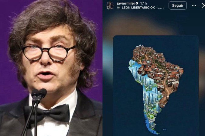 Presidente da Argentina, Javier Milei, compartilhou nas redes sociais imagem do continente sul-americano que associa países governados pela direita e pela esquerda; na publicação, o Brasil aparece representado de forma estigmatizante, o que gerou repercussão nas redes - (crédito: REDES SOCIAIS/REPRODUÇÃO) Presidente da Argentina, Javier Milei, compartilhou nas redes sociais imagem do continente sul-americano que associa países governados pela direita e pela esquerda; na publicação, o Brasil aparece representado de forma estigmatizante, o que gerou repercussão nas redes - (crédito: REDES SOCIAIS/REPRODUÇÃO)
