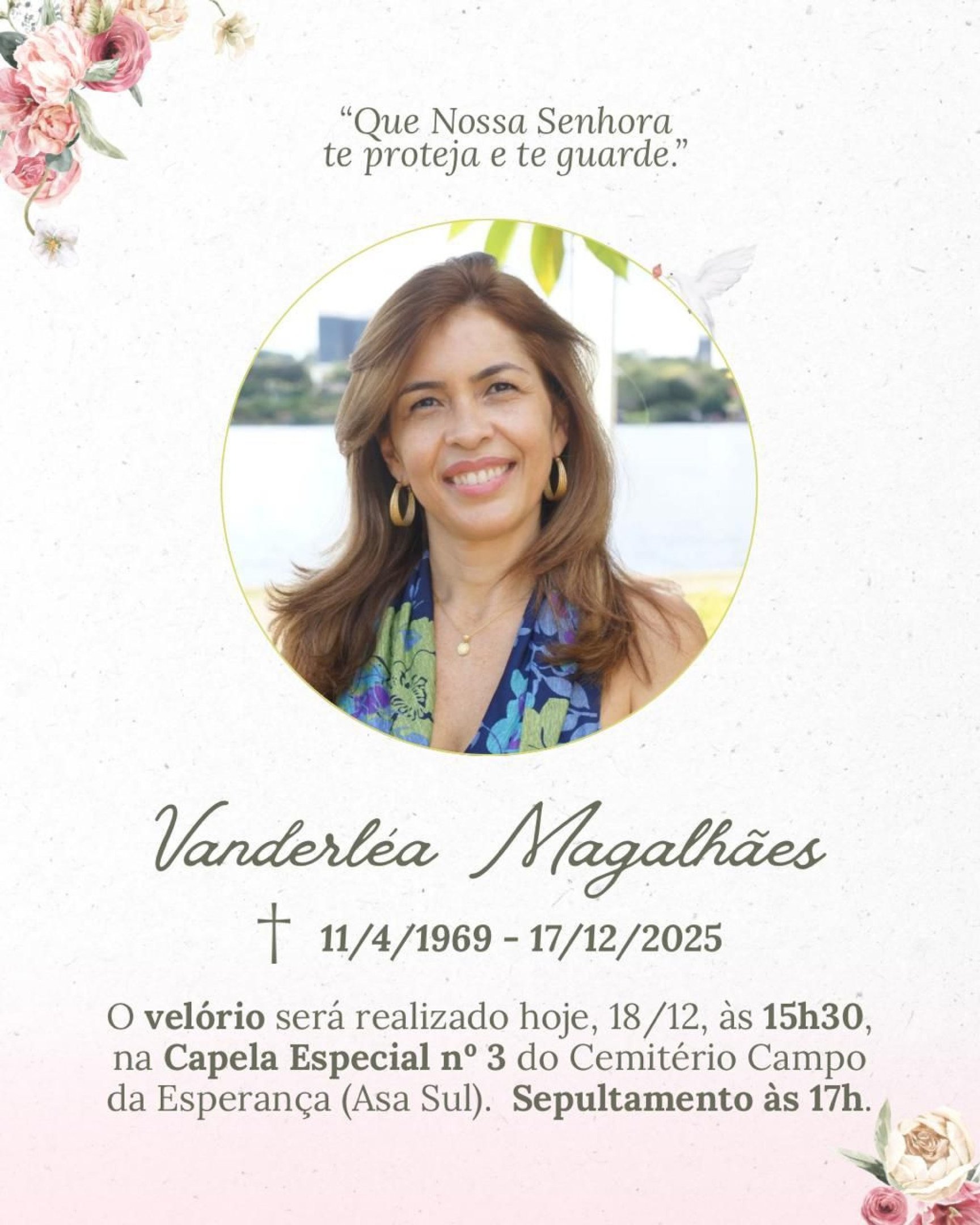 O vel&oacute;rio ser&aacute; realizado nesta quinta (18), &agrave;s 15h30 na Capela Especial n&ordm; 3 do Cemit&eacute;rio Campo da Esperan&ccedil;a