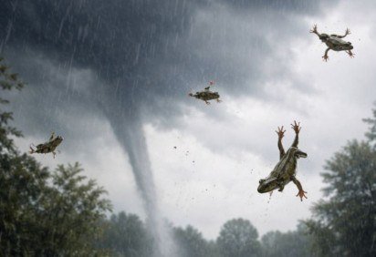 Durante tempestades incomuns, moradores de diferentes países já relataram a chamada “chuva de rãs”, quando anfíbios parecem cair do céu. Especialistas explicam que trombas d’água ou tornados podem sugar pequenos animais de lagos e rios e depois lançá-los à distância. -  (crédito: imagem gerada por i.a ) -Durante tempestades incomuns, moradores de diferentes países já relataram a chamada “chuva de rãs”, quando anfíbios parecem cair do céu. Especialistas explicam que trombas d’água ou tornados podem sugar pequenos animais de lagos e rios e depois lançá-los à distância. -  (crédito: imagem gerada por i.a )