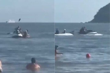 Vídeo gravado por banhista mostra momento em que o casal remava de caiaque quando foi abordado por dupla em jet ski -  (crédito: Reprodução/X)