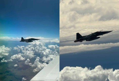 Passageira registra aproximação inesperada de caça da FAB em pleno voo -  (crédito: Reprodução / Instagram / @drastephanie.rizk) -Passageira registra aproximação inesperada de caça da FAB em pleno voo -  (crédito: Reprodução / Instagram / @drastephanie.rizk)