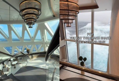 Um vídeo circulou recentemente pelas redes sociais mostrando passageiros de um cruzeiro apavorados ao verem ondas gigantes atingindo o navio em alto mar.  -  (crédito: montagem/reprodução/redes sociais) -Um vídeo circulou recentemente pelas redes sociais mostrando passageiros de um cruzeiro apavorados ao verem ondas gigantes atingindo o navio em alto mar.  -  (crédito: montagem/reprodução/redes sociais)