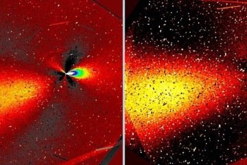 Imagens do cometa 3I/ATLAS, obtidas por meio de exposições de 170 segundos com a câmera WFC3 UVIS (F350LP) do Telescópio Espacial Hubble e processadas com o filtro de gradiente de rotação de Larson-Sekanina, mostram uma estrutura de jato duplo. O painel da esquerda exibe os dados de 12 de dezembro de 2025 e o painel da direita, os dados de 27 de dezembro de 2025. -  (crédito: Toni Scarmato, com base em dados divulgados pela NASA/ESA/STScI)