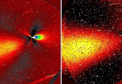 Imagens do cometa 3I/ATLAS, obtidas por meio de exposições de 170 segundos com a câmera WFC3 UVIS (F350LP) do Telescópio Espacial Hubble e processadas com o filtro de gradiente de rotação de Larson-Sekanina, mostram uma estrutura de jato duplo. O painel da esquerda exibe os dados de 12 de dezembro de 2025 e o painel da direita, os dados de 27 de dezembro de 2025. -  (crédito: Toni Scarmato, com base em dados divulgados pela NASA/ESA/STScI) -Imagens do cometa 3I/ATLAS, obtidas por meio de exposições de 170 segundos com a câmera WFC3 UVIS (F350LP) do Telescópio Espacial Hubble e processadas com o filtro de gradiente de rotação de Larson-Sekanina, mostram uma estrutura de jato duplo. O painel da esquerda exibe os dados de 12 de dezembro de 2025 e o painel da direita, os dados de 27 de dezembro de 2025. -  (crédito: Toni Scarmato, com base em dados divulgados pela NASA/ESA/STScI)