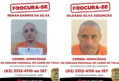 Renan e Gildásio fugiram de presídio de segurança máxima: homicidas  -  (crédito: Reprodução/SSP-TO) -Renan e Gildásio fugiram de presídio de segurança máxima: homicidas  -  (crédito: Reprodução/SSP-TO)