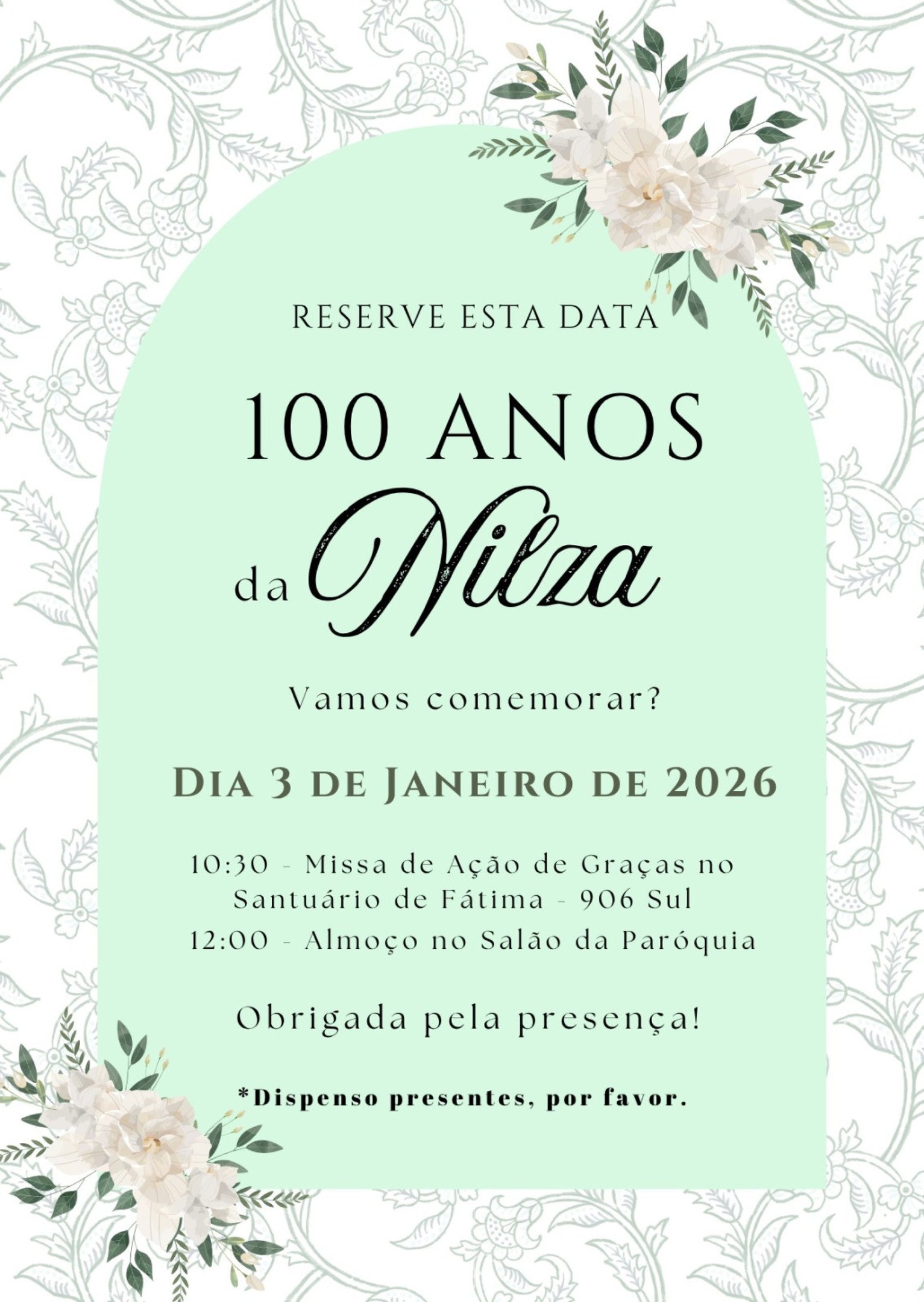Convite de anivers&aacute;rio de 100 anos de Nilza Teixeira Soares